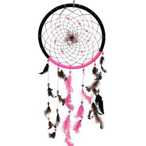 Pink & Black Dream Catcher 8.75" - Net Traps With Beads + Faux Brown Feathers